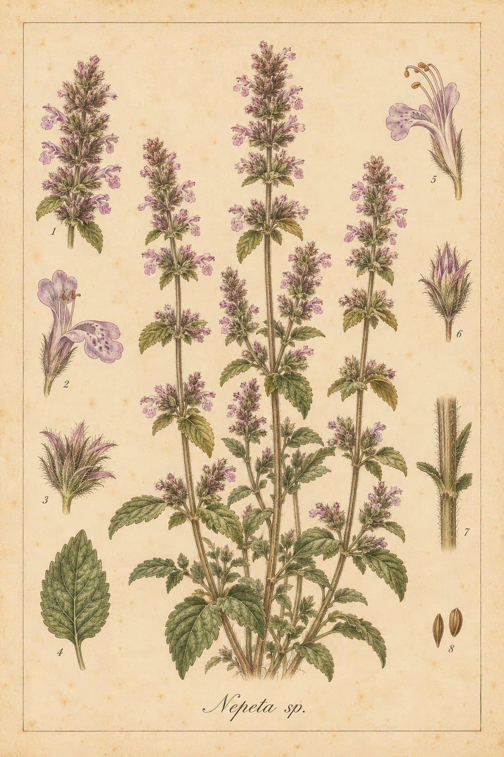 Botanical plate of catmint with flower spikes and seeds