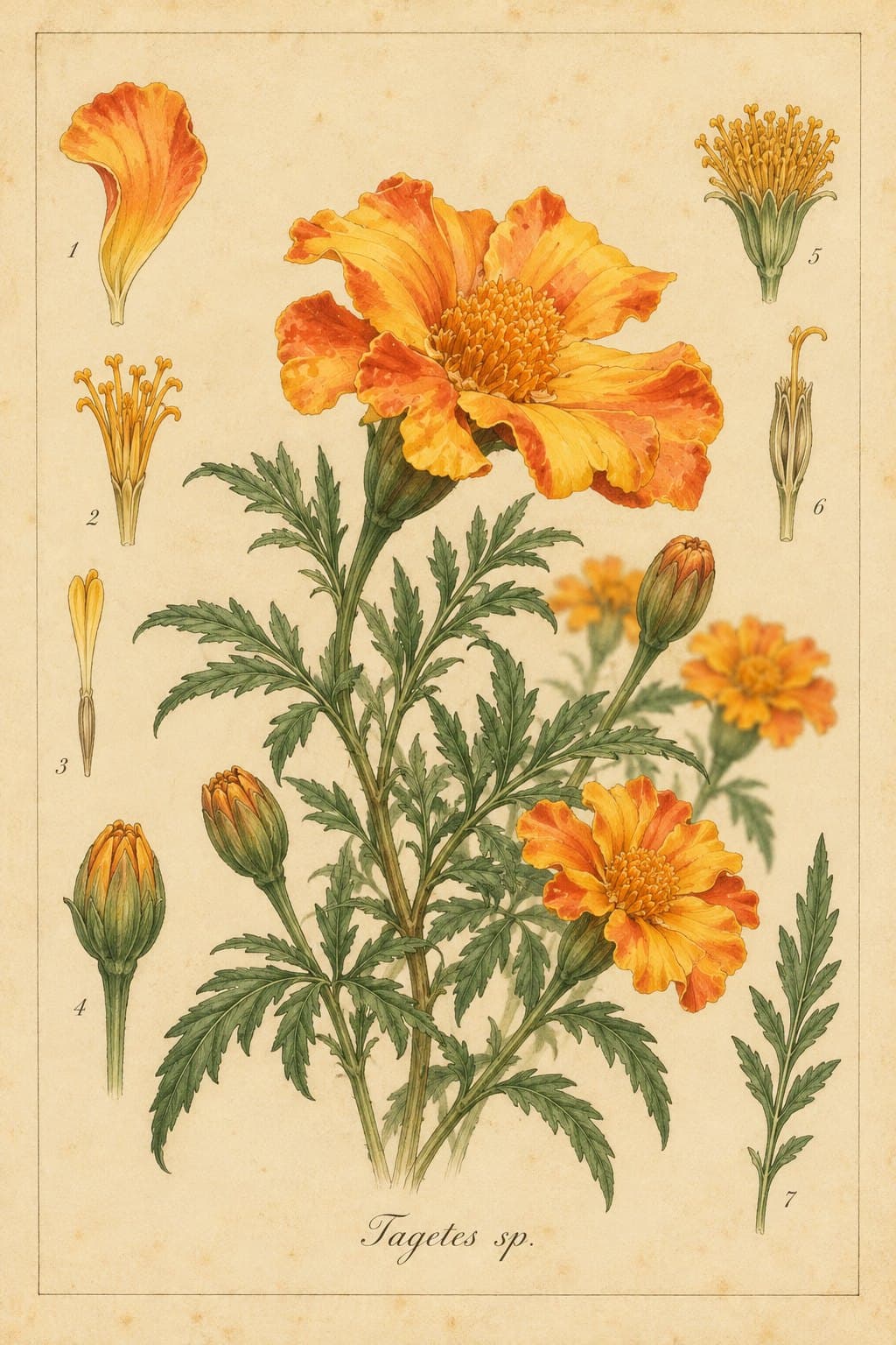 Botanical plate of an orange marigold with buds and petals